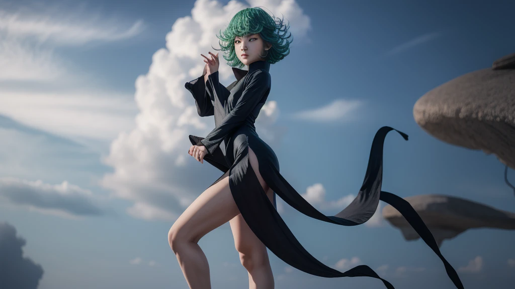 Digital Illustration of the Masterpiece, Tatsumaki is slender in a short qipao dress, fine legs, Wind Dress 