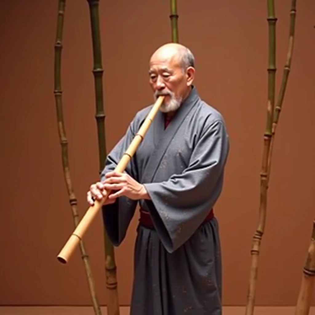 (A scene of a bamboo forest with a fantastical atmosphere;1.2)、Cool sounds echo from the bamboo grove.、An old man, a spirit of the bamboo, plays a bamboo flute.、Bamboo leaves rustle and fall in time with the melody.、The old man wears a strange garment, resembling both a Japanese kimono and a hermit's robe.、(Highest quality、masterpiece)、4K、wallpaper、