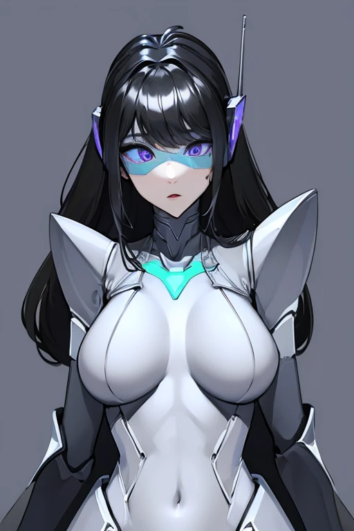 empty eyes,robotized woman ,big bust,Robot Joint ,Metal skin,Black Suit,long hair,a suit that covers the whole body,mechanization,robot, antenna