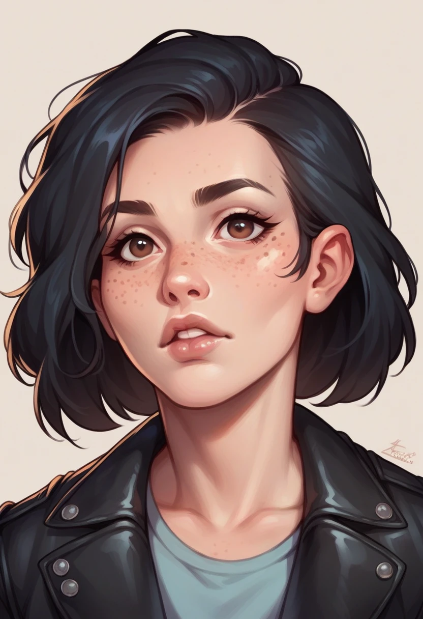 A woman with slanted brown eyes and long black hair, with freckles on face, lips a little thick, with a leather jacket