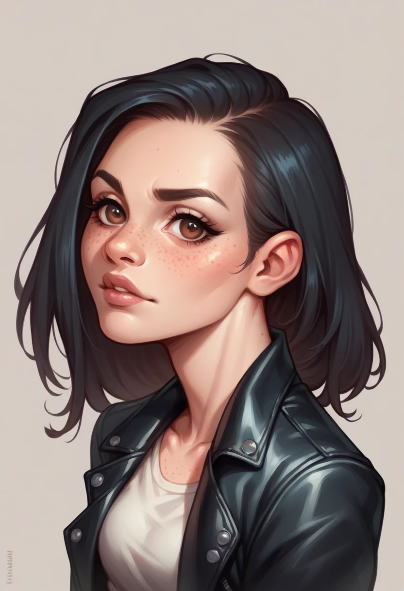 A woman with slanted brown eyes and long black hair, with freckles on face, lips a little thick, with a leather jacket 