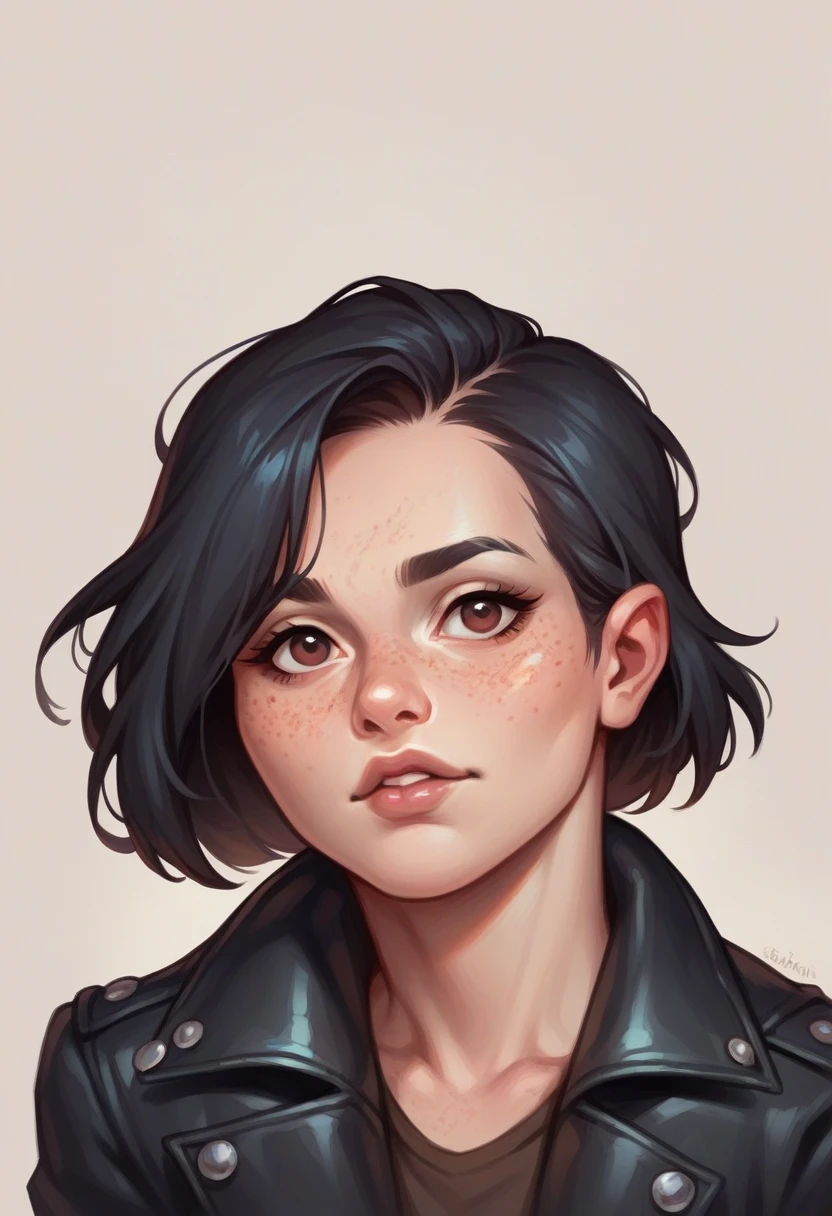 A woman with slanted brown eyes and long black hair, with freckles on face, lips a little thick, with a leather jacket 
