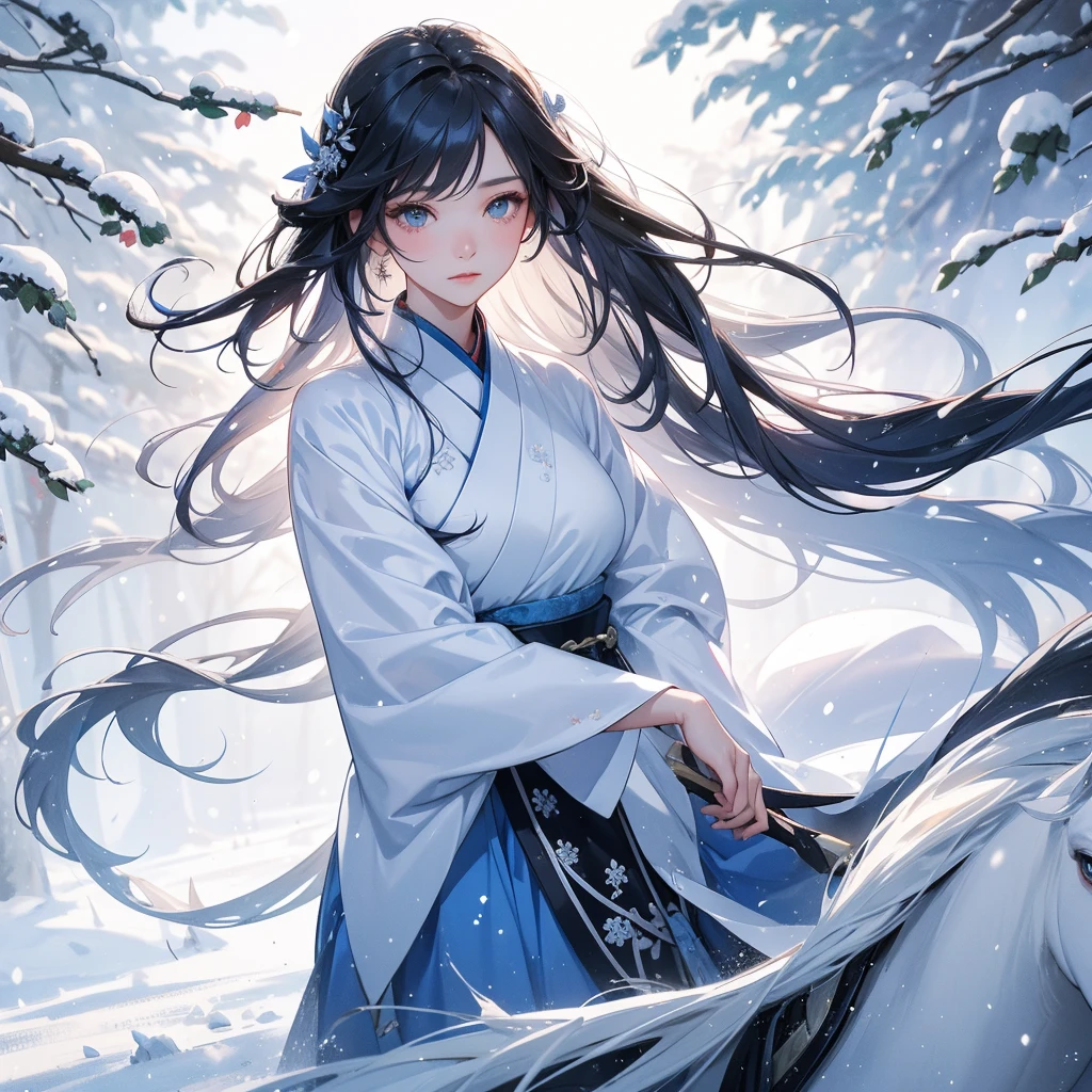 A beautiful female in blue hanfu dress , riding on the black horse in the forest ,close up, Amidst the white snowy atmosphere, the snow is falling lightly, watching the snow fall one by one.