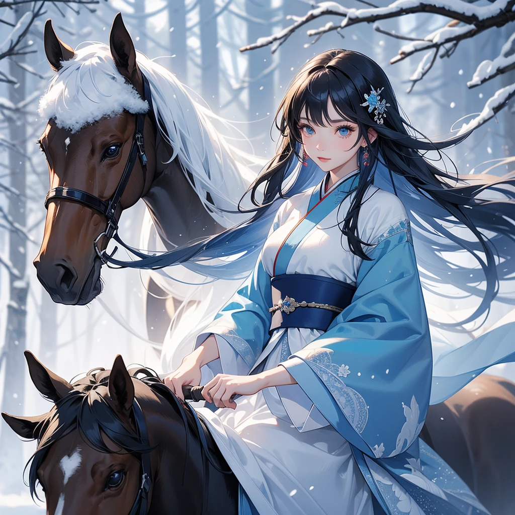 A beautiful female in blue hanfu dress , riding on the black horse in the forest ,close up, Amidst the white snowy atmosphere, the snow is falling lightly, watching the snow fall one by one.