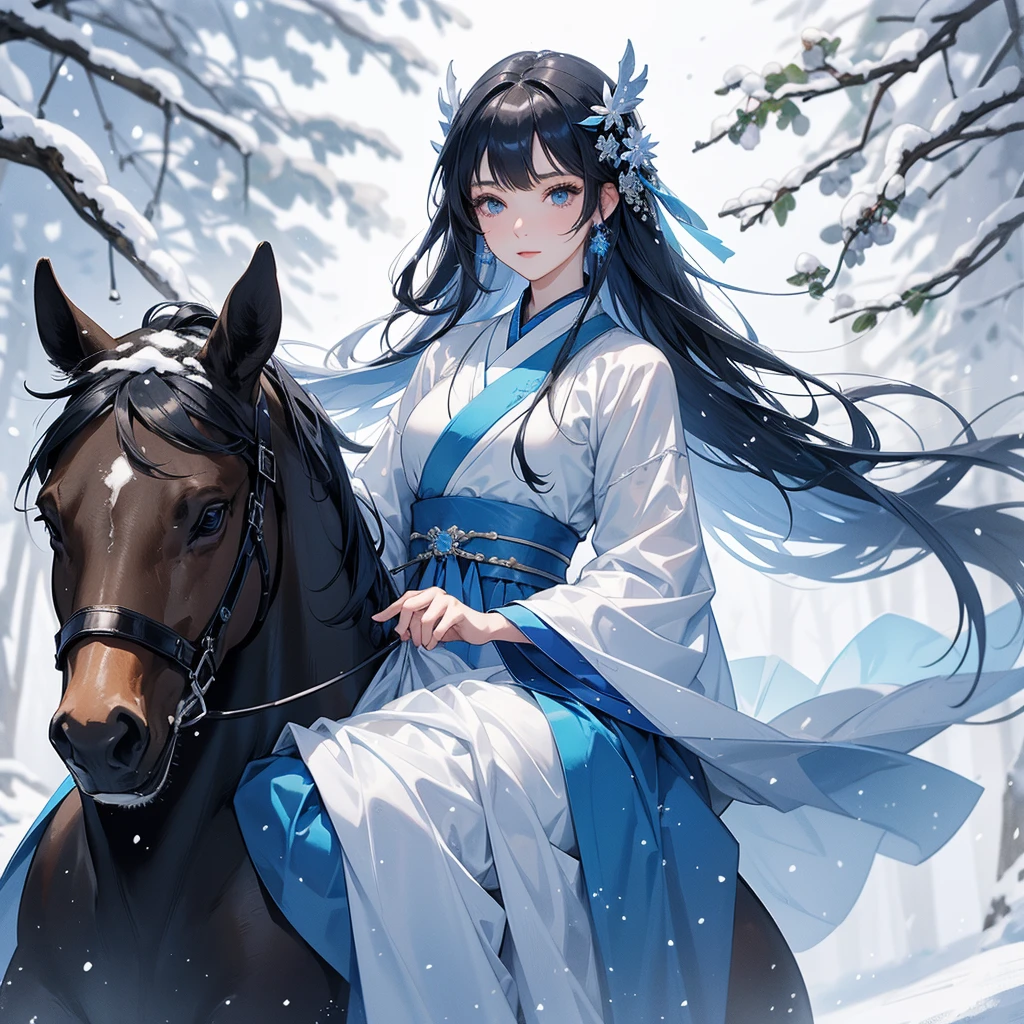 A beautiful female in blue hanfu dress , riding on the black horse in the forest ,close up, Amidst the white snowy atmosphere, the snow is falling lightly, watching the snow fall one by one.