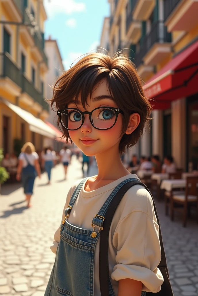 Realistc italian girl With blue eyes wears glasses, short brown hair baggy clothes 