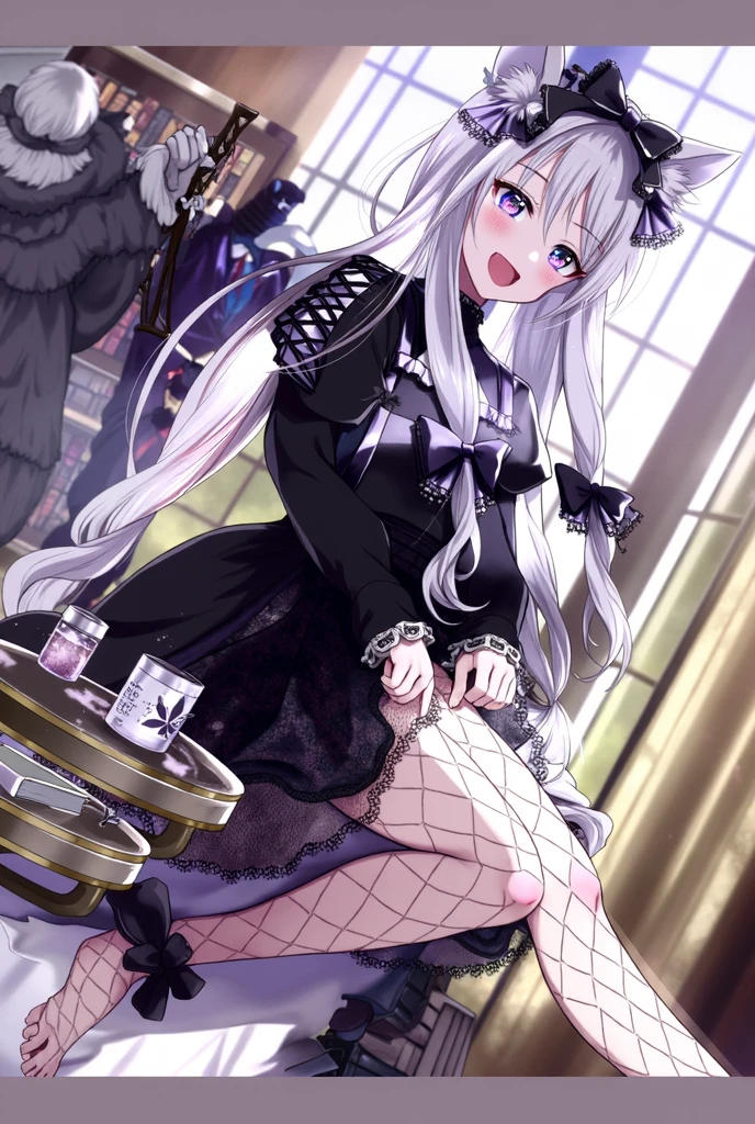 ((best quality)), ((masterpiece)), (detailed), ((highres)), In lavish manor library, extremely long white hair. Fluffy white cat ears. Long white cat tail on butt, 1catgirl, 20 year old, Curvy body, shy, timid, scared, nervous, Blushing, naked. Heterochromatic eyes, one blue eye, one gold eye. No shoes, black fishnets, nude, no clothes