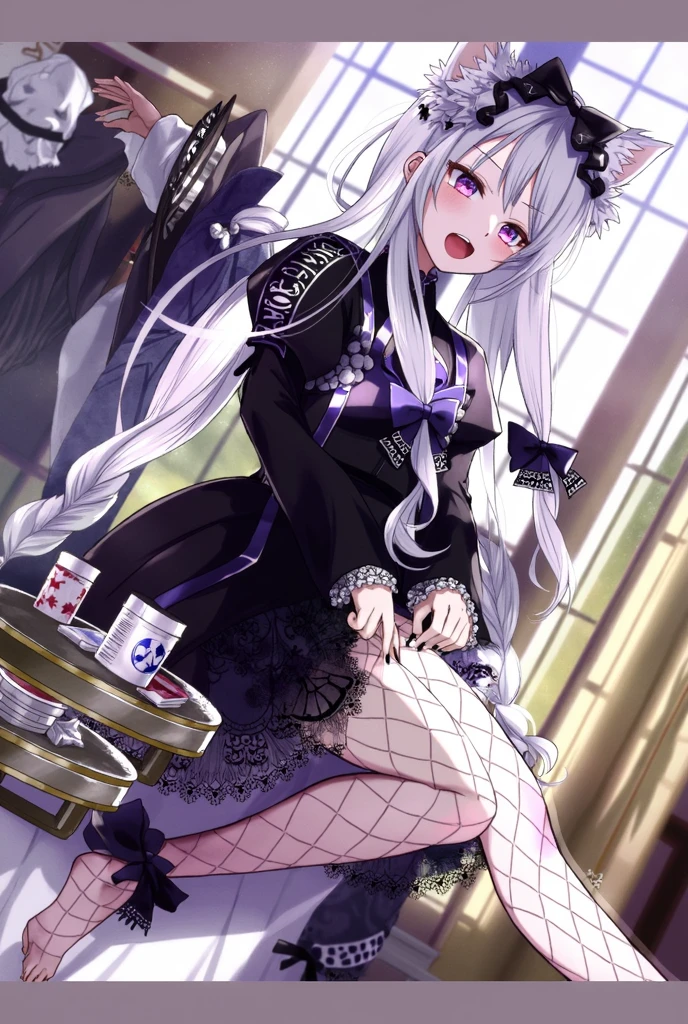 ((best quality)), ((masterpiece)), (detailed), ((highres)), In lavish manor library,  extremely long white hair. Fluffy white cat ears. Long white cat tail on butt, 1catgirl, 20 year old, Curvy body, shy, timid, scared, nervous, Blushing, naked. Heterochromatic eyes, one blue eye, one gold eye. No shoes, black fishnets, nude, no clothes 
