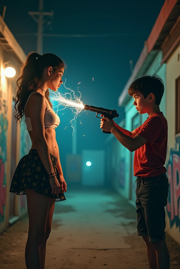 A teenager wearing a crop top and a skirt, a boy must be torturing her belly button with a taser gun, and the taser gun must throw a thunder to her belly button