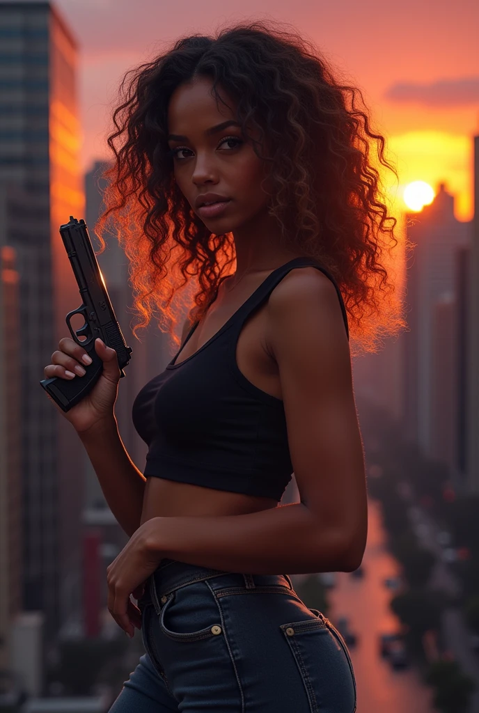 (Masterpiece: 1.2, Best Quality), Realistic, (Realistic Picture, Complex Details, 21 year old female build holding gun, thick, curvy, naked, nude, hot, sexy