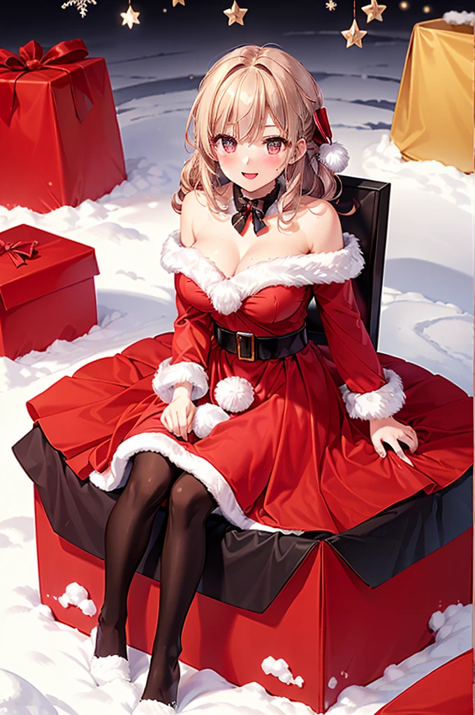 UHD, masterpiece, anatomically correct, super detail, high details, best quality, 8k,perfect beauty girl, oily skin, random Breast size、random hair style、random hair color, sntdrs, red santa dress,fur,belt, crazy eyes, smile, anime style, retina,christmas, snow, yomama_surprise_gift_v5,sitting present box curve,gift box, red box, hold a pink heart object with both hands