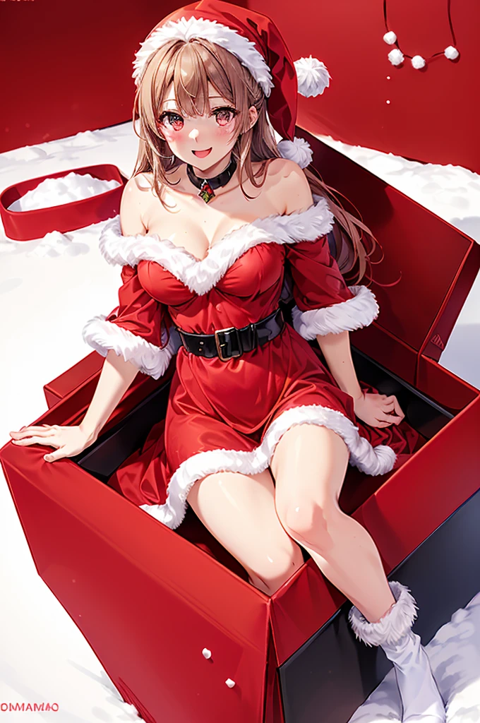 UHD, masterpiece, anatomically correct, super detail, high details, best quality, 8k,perfect beauty girl, oily skin, random Breast size、random hair style、random hair color, sntdrs, red santa dress,fur,belt, crazy eyes, smile, anime style, retina,christmas, snow, yomama_surprise_gift_v5,sitting present box curve,gift box, red box, hold a pink heart object with both hands