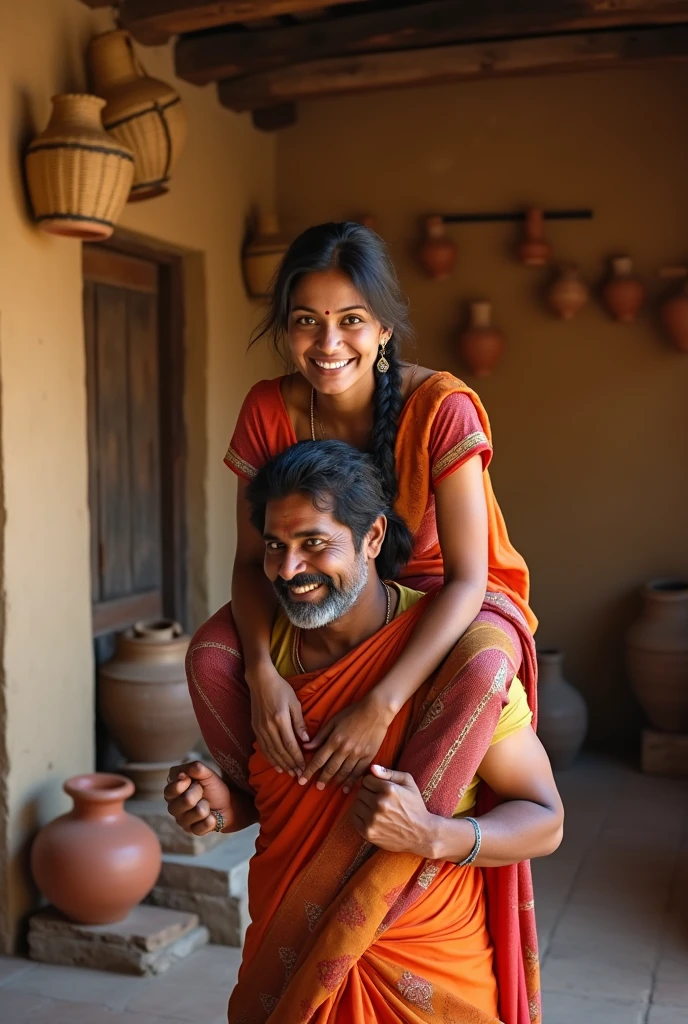 A smiling and beautiful indian woman with tied hair lifting and carrying a stout man on her shoulders, man is sitting on woman's shoulders, in a village room