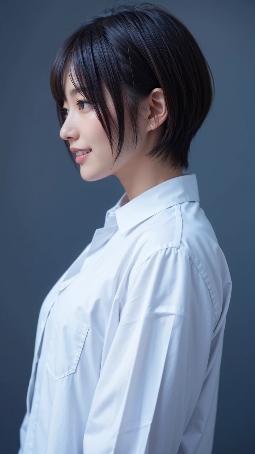 Realistic、masterpiece、Highest quality、Highest quality、8k、RAW Photos、Cinema Lighting、Very cute one、short hair、reduce hair volume、Blue background、Upper Body、Photo of your face、profile、Eyes focus、Collared shirt、Laughter、Hmph、The depth of the written world、Wide Light、High Contrast、Shine、chromatic aberration、Sharp focus、Raw color photography