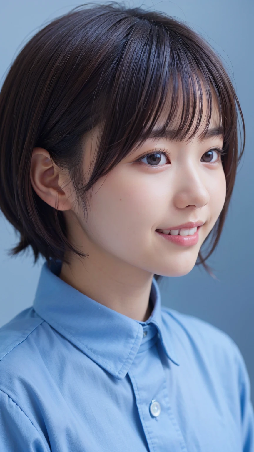 Realistic、masterpiece、Highest quality、Highest quality、8k、RAW Photos、Cinema Lighting、Very cute one、short hair、reduce hair volume、Blue background、Upper Body、Photo of your face、profile、Eyes focus、Collared shirt、Laughter、Hmph、The depth of the written world、Wide Light、High Contrast、Shine、chromatic aberration、Sharp focus、Raw color photography
