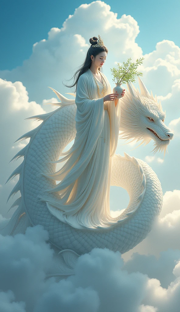 A statue of Guanyin standing on a white dragon and holding a vase of divine water with willow branches. (A vase is not a jar.) I want a big dragon floating down from the sky. Please make Guanyin look like a human, not a statue. Let her hold a willow branch in one hand, and make sure the dragon's head is visible. Have her standing on the dragon.