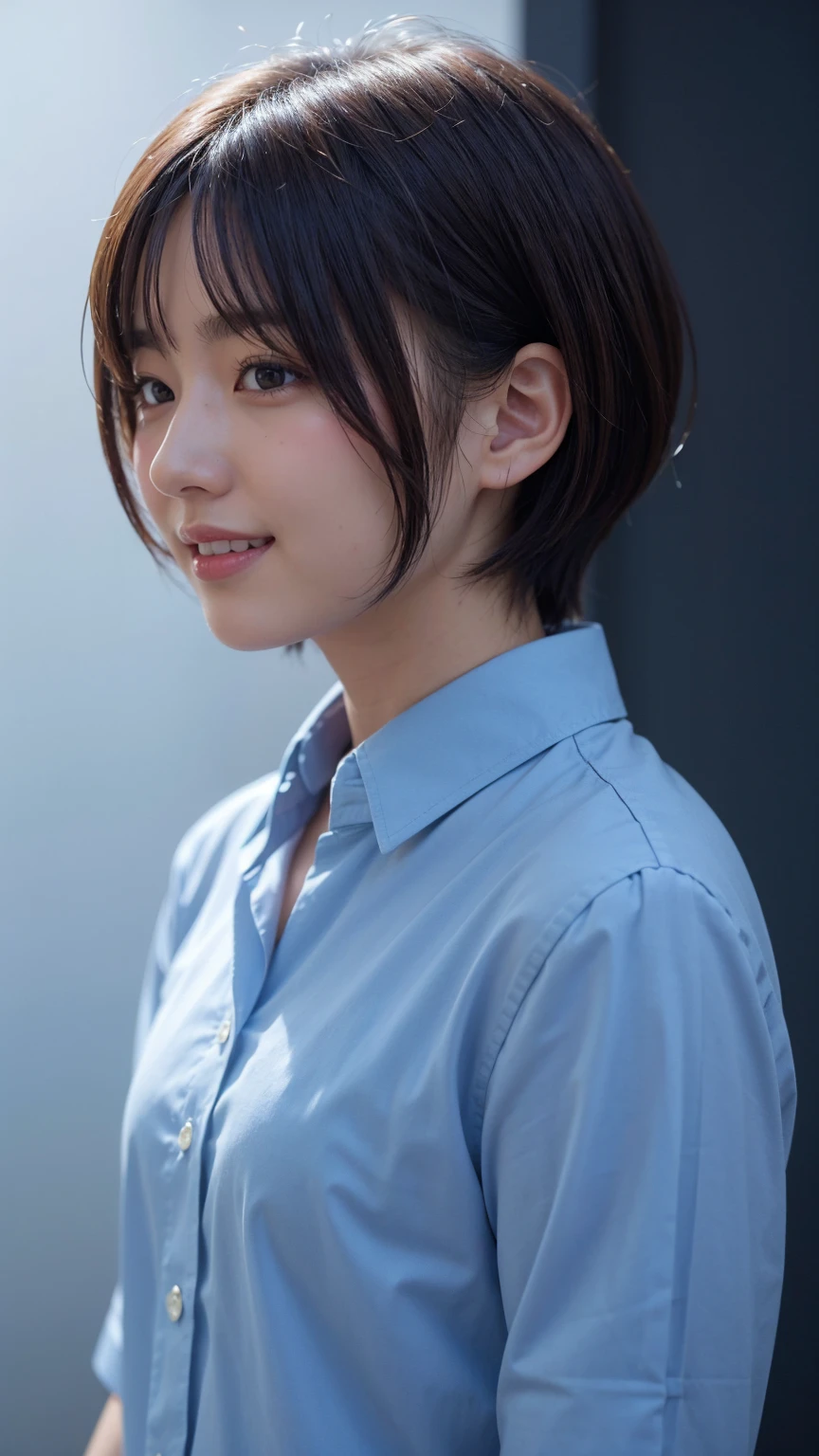 Realistic、masterpiece、Highest quality、Highest quality、8k、RAW Photos、Cinema Lighting、Very cute one、short hair、reduce hair volume、Blue background、Upper Body、Photo of your face、profile、Eyes focus、Collared shirt、Laughter、Hmph、The depth of the written world、Wide Light、High Contrast、Shine、chromatic aberration、Sharp focus、Raw color photography