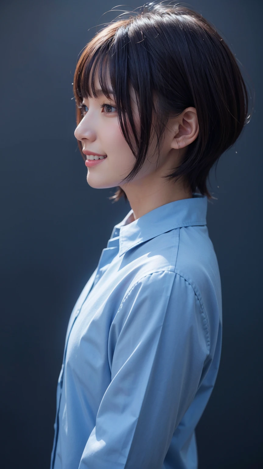 Realistic、masterpiece、Highest quality、Highest quality、8k、RAW Photos、Cinema Lighting、Very cute one、short hair、reduce hair volume、Blue background、Upper Body、Photo of your face、profile、Eyes focus、Collared shirt、Laughter、Hmph、The depth of the written world、Wide Light、High Contrast、Shine、chromatic aberration、Sharp focus、Raw color photography