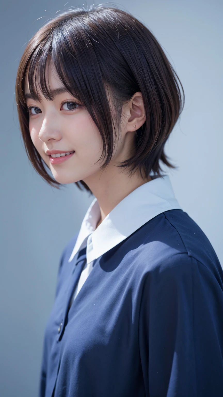 Realistic、masterpiece、Highest quality、Highest quality、8k、RAW Photos、Cinema Lighting、Very cute one、short hair、reduce hair volume、Blue background、Upper Body、Photo of your face、profile、Eyes focus、Collared shirt、Laughter、Hmph、The depth of the written world、Wide Light、High Contrast、Shine、chromatic aberration、Sharp focus、Raw color photography