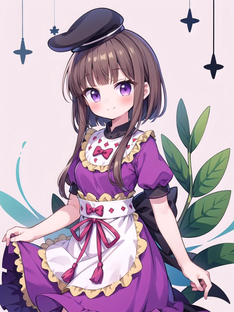 1girl, masterpiece, best quality, perfect hands, blush, smile, closed mouth, blunt bangs, nishida satono, hat, tate eboshi, short hair with long locks, brown hair, purple eyes, short sleeves, bow, purple dress, ribbon, frills, waist apron, ribbon, holding, holding plant, cowboy shot