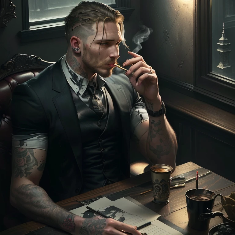 A man sits at the table with a cigarette in his mouth, liam, drawing, Tom Hardy, signed, Adam Saintpeter, inspired Adam Saintpeter, lil peep, style of seb mckinnon, based on Samu Börtsök, while smoking a cigar, intensive work with lines, profile picture