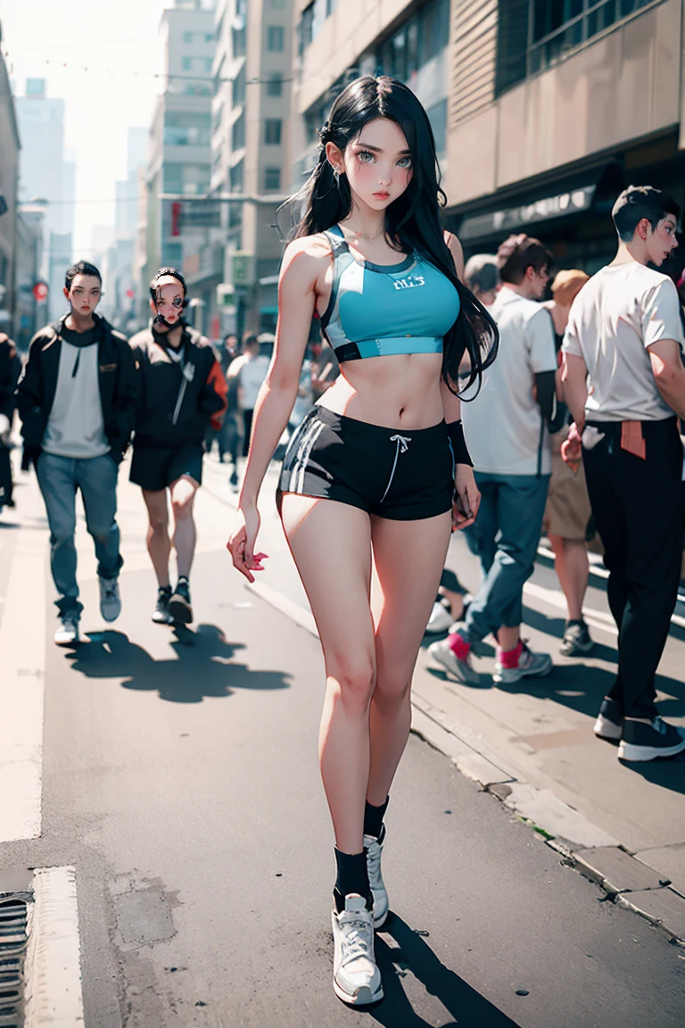 Large Breasts, Sexy 25 year old woman, Blue Long Hair, Sports bra and shorts, Small shorts, boy shorts, Spandex Shorts, Short shorts, knee high shoes下, below the knee shoes下, athletic stripes (shoes下), Snakes,shoes, sneakers, Are standing, Photo pose, Frivolous, whole body, Crowded street, Good quality, 4K, masterpiece, pin up