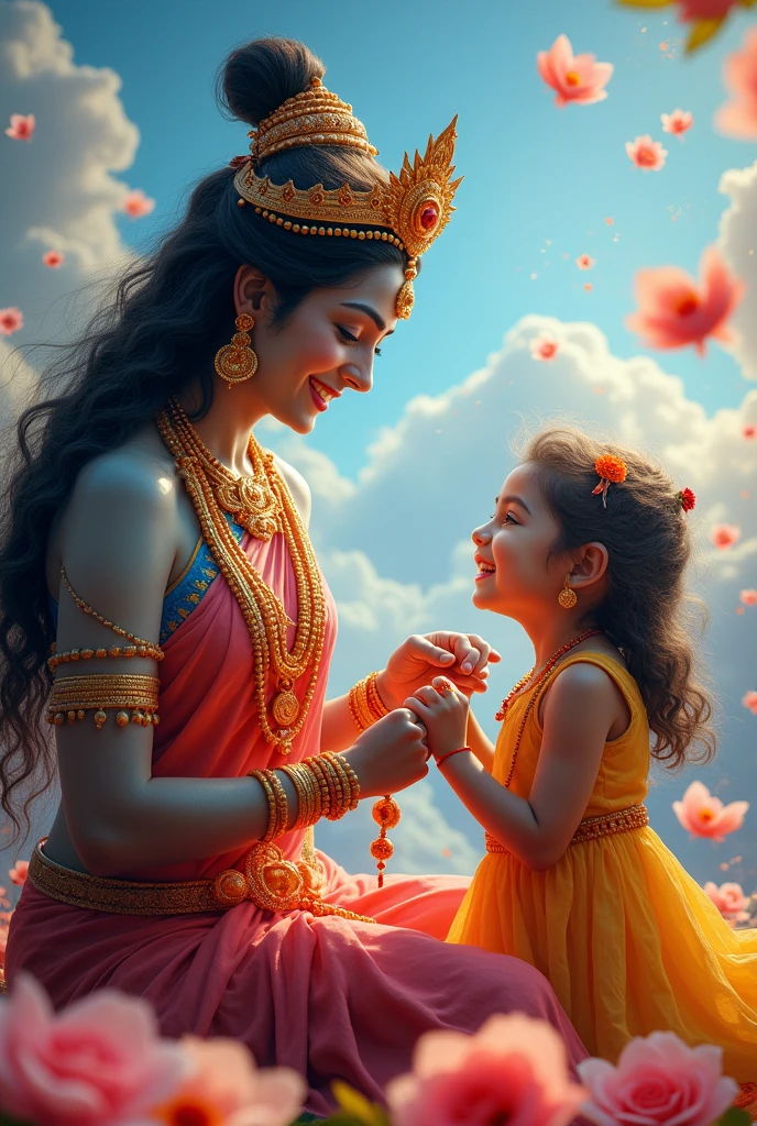 Beautiful calm Hindu Goddess Mahakali tieing rakhi which is clearly visible to a cute small girl on occasion of rakshabandhan. The cute small girl is laughing . And all gods from heaven including jain tirthankar and gautam buddha praising both of them . and everyone is happy