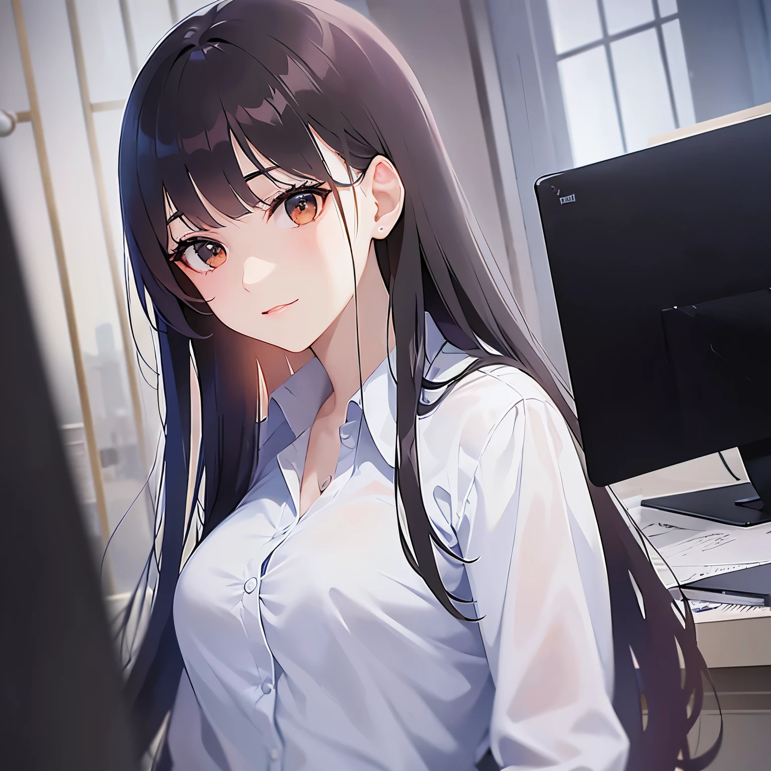 （looking at viewer:1.5）Upper Body, head tilt,
Realistic, real person, (pale skin: 1.2), RAW photo, photorealistic, shiny skin, shiny hair、(A 25-year-old woman with medium-length hair and bangs) and (wavy hair) and (brown hair) and (orange eyes) ,
(Wearing a business suit) and (Wearing a white collared shirt)、
smile,The background is the conference room、(alone:1.5)
