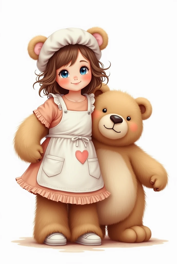 A young girl, a , wearing an apron, a big bear, large breasts, blue eyes, blue eyes, a woman's hat, a heart shaped birthmark, thighs, under the eyes, naked, the apron clothes revealing, wearing clothes, smiling, standing alone, thick thighs, white background, white background, white background, fluffy fur.