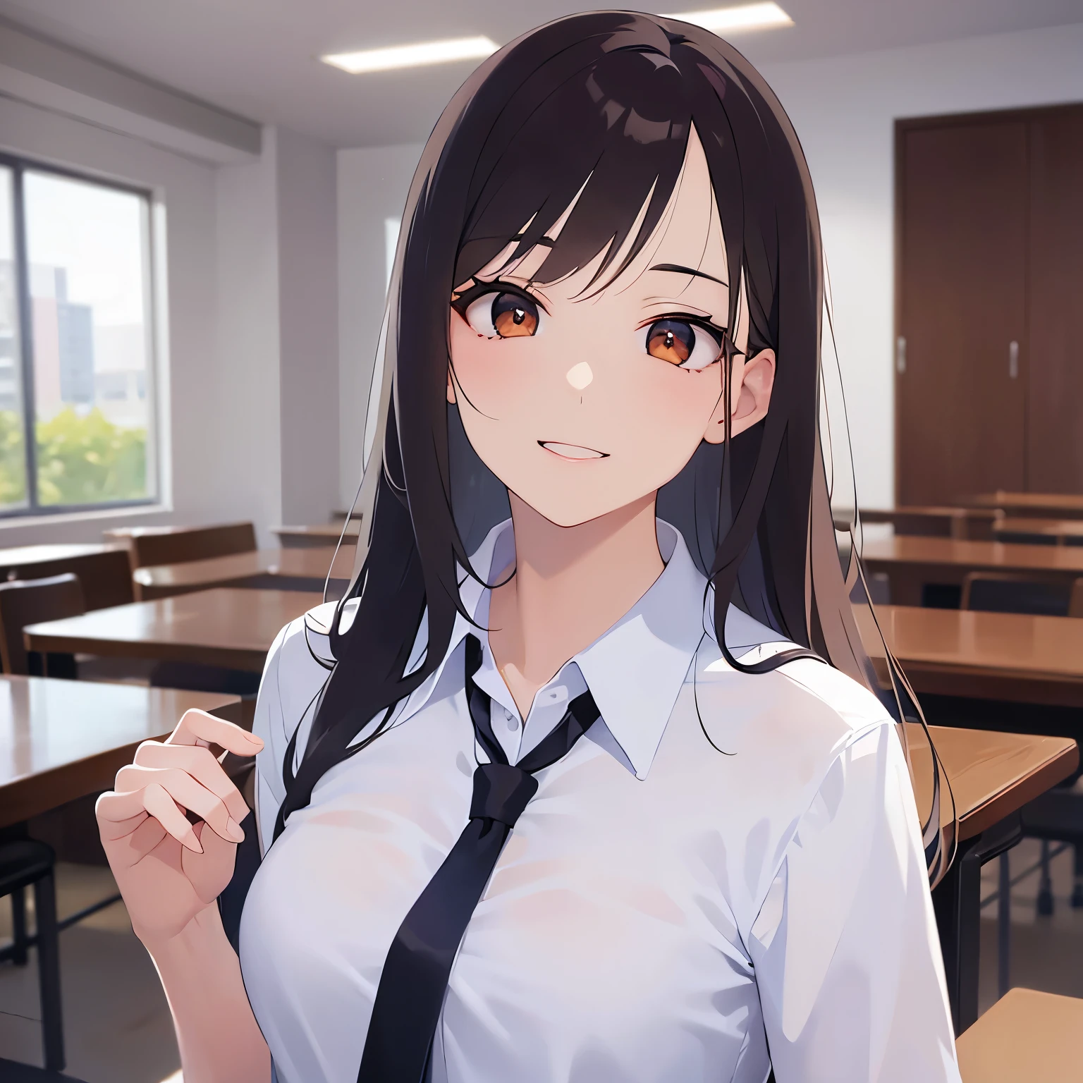 (looking at viewer:1.5)Upper Body, head tilt,
Realistic, real person, (pale skin: 1.2), RAW photo, photorealistic, shiny skin, shiny hair、(A 25-year-old woman with medium-length hair and bangs) and (wavy hair) and (brown hair) and (orange eyes) ,
(Wearing a business suit) and (Wearing a white collared shirt)、
smile,The background is the conference room、(alone:1.5)