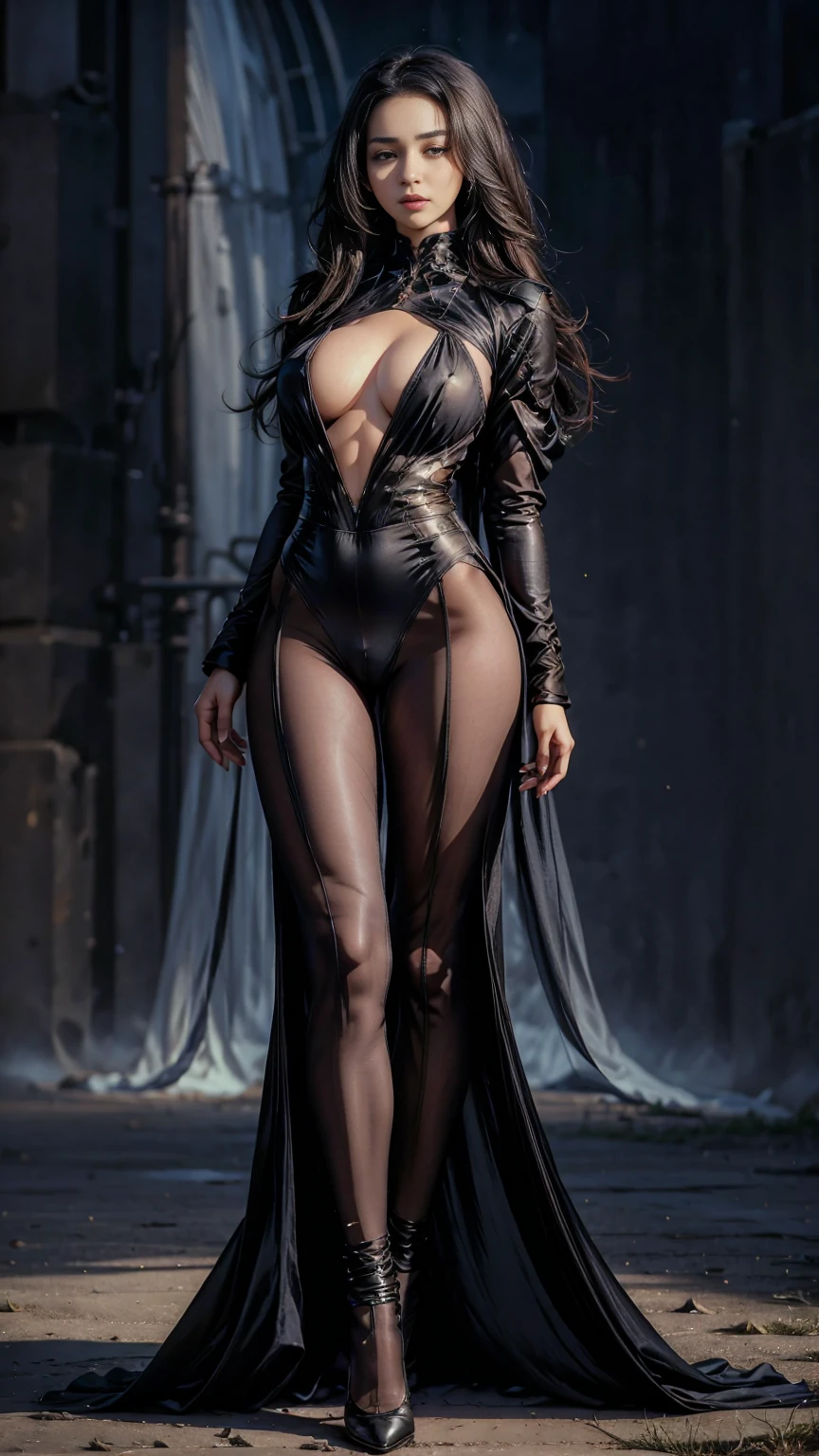 Masterpiece, a beautiful urban female model, full body black transparent clothes standing under empty night stars, disappearing transparent pants, full body standing, hourglass figure, slender legs, facial details, detailed body part details, 8k wallpaper, gigantic breasts, black clothes, , closeup , cameltoe 1.8, 