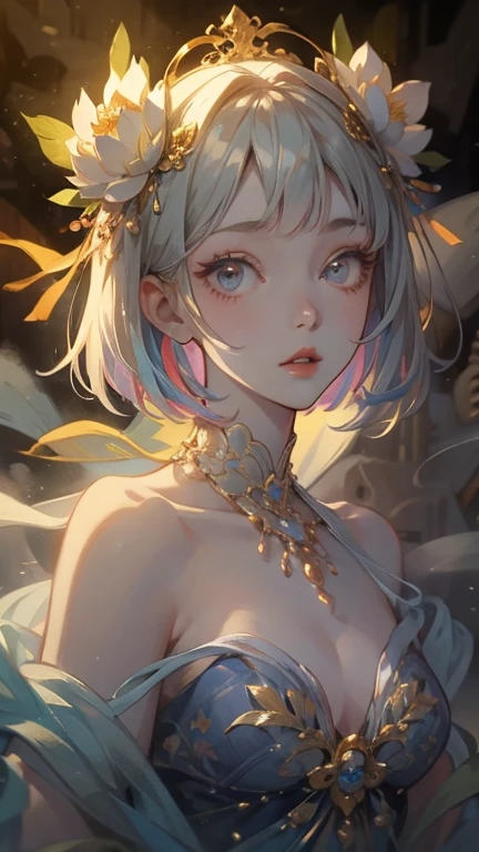 Fantasy,8k,非常に精細なCGユニットのwallpaper, masterpiece,High resolution,Highest quality,Highest quality real texture skin,,Increase the resolution,RAW Photos,Highest quality,Very detailed,wallpaper,Cinema Lighting,Ray Tracing,Golden Ratio, Very colorful,Colorful otherworldly extremely, cute anime face, (((Flat Chest))), (Flat Chest:1.1),((((Short Bob Hair)))),Complex eyes,beautiful detailed eyes,Symmetrical eyes,(((Details face))),beautiful detailed lips, Young Face,Short stature,Pretty face, (((Embarrassing))),(Lips waiting for a kiss),(My heart is pounding with anticipation.)、A white dress that reveals the nipples,(very noble ,, godliness,Three thousand worlds,infinite happiness,joy,no gravity,milky way,background\(heaven\),in the Thick Fog,(Thick Fog:1.5)\),\(below heaven,look up\),(Thick Fog:1.5),Color is empty,Urgent as a command,Wide-angle lens,Wide composition,Lotus flower in full bloom,5th Dimension,torii,