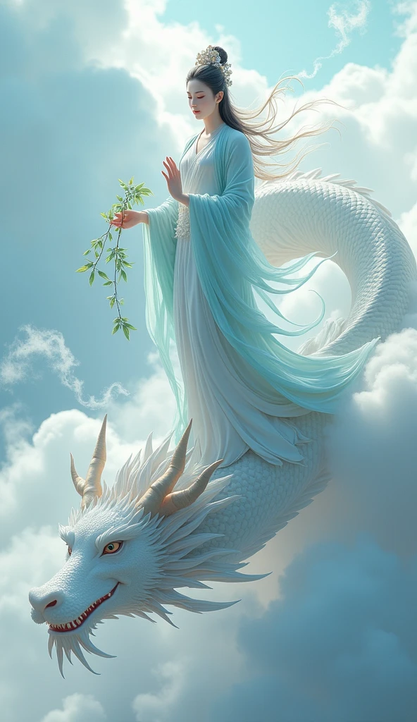 A statue of Guanyin standing on a white dragon and holding a vase of divine water with willow branches. (A vase is not a jar.) I want a big dragon floating down from the sky. Please make Guanyin look like a human, not a statue. Let her hold a willow branch in one hand, and make sure the dragon's head is visible. Have her standing on the dragon.