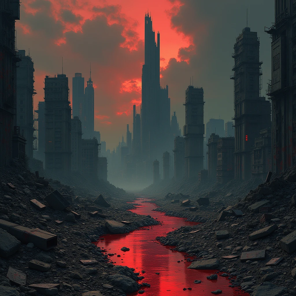 Ruins and blood of a future city、And the black sky mixed together、Create a book cover of a post-apocalyptic place。.