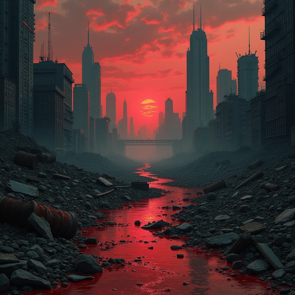 Ruins and blood of a future city、And the black sky mixed together、Create a book cover of a post-apocalyptic place。.