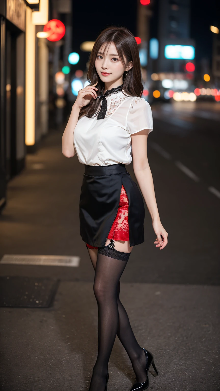 highest quality, masterpiece, 8K, ultra high resolution, (realistic: 1.4), 1 girl, beautiful face, symmetrical eyes, Japanese, smile, brown hair, perfect body proportions, full body, smile , large breasts, high heels, wearing makeup , pantyhose, (tight laced fabric blouse), ((red lace fabric blouse)), ((silk black color skirt)), ((tight fitting skirt )), (laced short sleeve) , (city night, dark night, (blurred background), dim lights, cityscape, in the dark, deep shadow, model pose , (legs shown: 1.3)