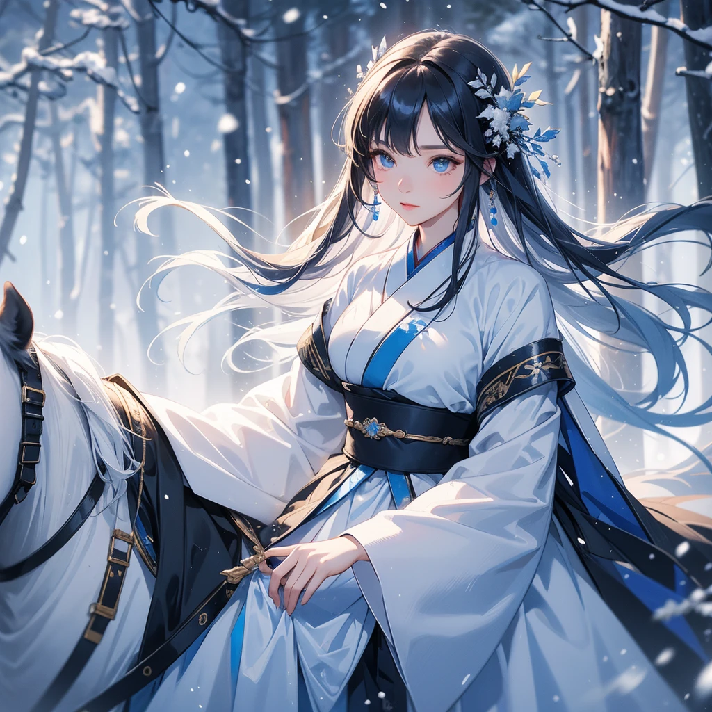 A beautiful female in blue hanfu dress , riding on the black horse in the forest ,close up, Amidst the white snowy atmosphere, the snow is falling lightly, watching the snow fall one by one.