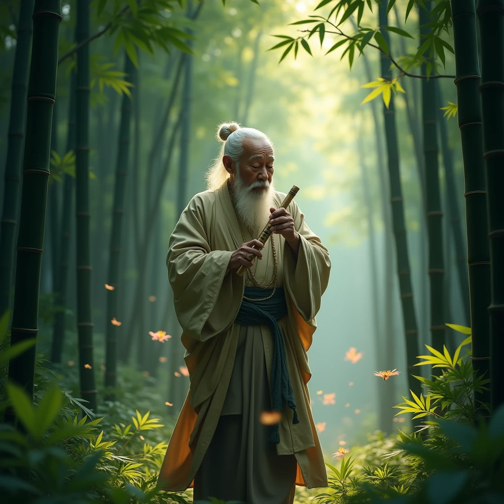(A scene of a bamboo forest with a fantastical atmosphere;1.2)、Cool sounds echo from the bamboo grove.、An old man, a spirit of the bamboo, plays a bamboo flute.、Bamboo leaves rustle and fall in time with the melody.、The old man wears a strange garment, resembling both a Japanese kimono and a hermit's robe.、(Highest quality、masterpiece)、4K、wallpaper、
