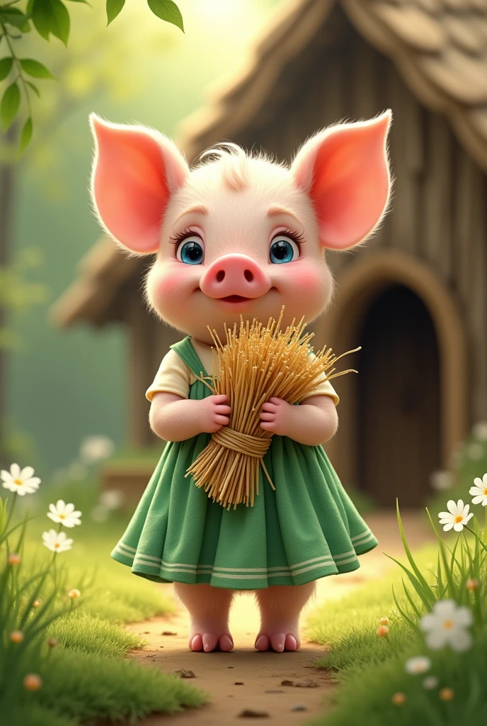 full-body illustration, (1piglet:1.2), (cute and chubby:1.3), carrying a heap of straws in hand, wearing a green floral dress with white flowers, standing on hind legs, (adorable expression:1.3), big blue eyes, small snout, (realistic fur texture), (nature background:1.2), surrounded by grass, ((building a small house made of wooden sticks)), standing in front of a small wooden house made of wooden sticks and beautiful wooden door, sunlight filtering through the leaves, (soft lighting:1.3), (warm and bright color scheme:1.3), (highly detailed), (ultra quality:1.3), (masterpiece), (digital art), 8K resolution, HDR, depth of field, (soft shadows), (photorealistic:1.3), (animation:1.2), (by Greg Rutkowski:0.9), (in the style of Alphonse Mucha), trending on ArtStation, award-winning art