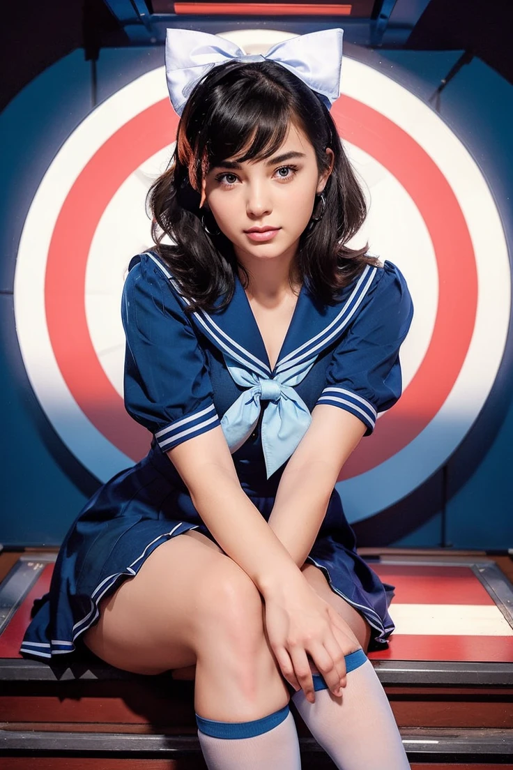 A new woman, sitting, extremely lifelike, very beautiful in a blue dress, schoolar uniform, I'm aiming at a target, sexly, big-ass, legs thick