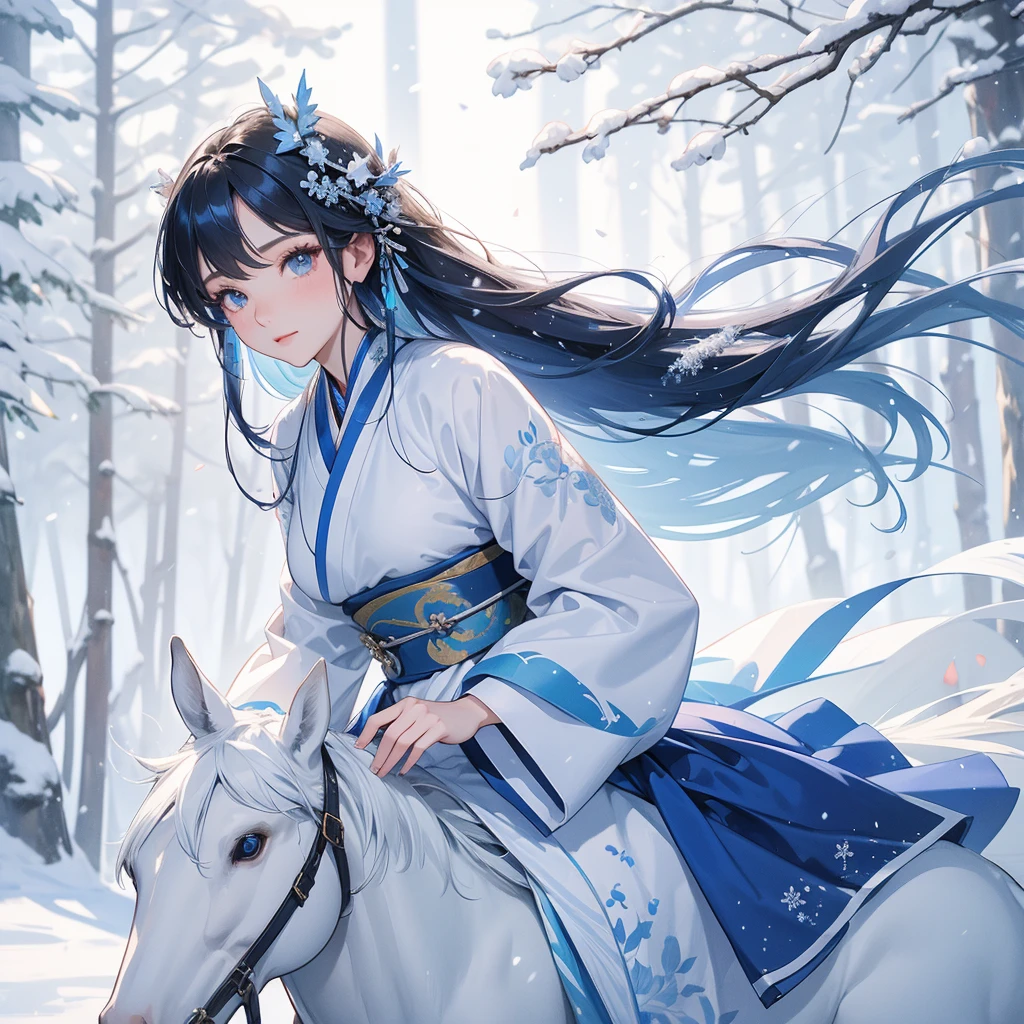 A beautiful female in blue hanfu dress , riding on the white horse in the forest ,close up, Amidst the white snowy atmosphere, the snow is falling lightly, watching the snow fall one by one.