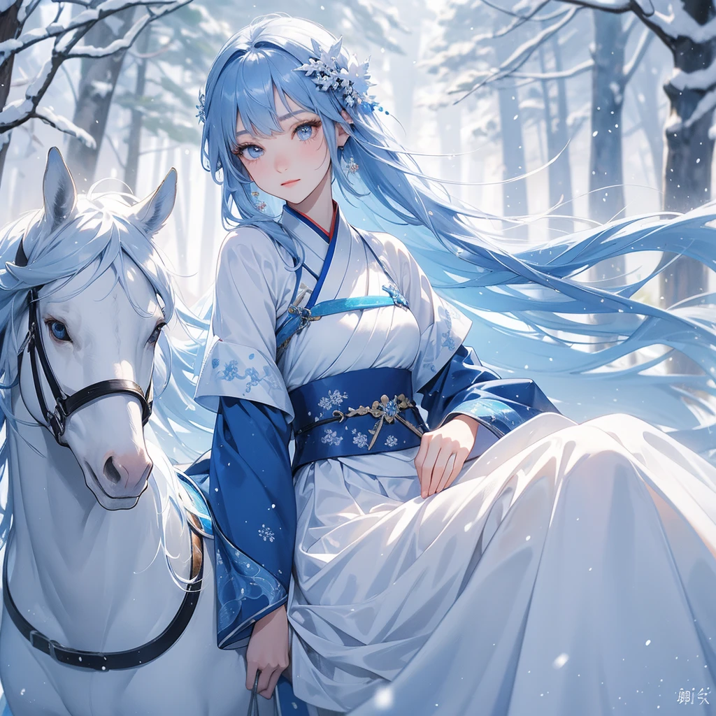 A beautiful female in blue hanfu dress , riding on  the white horse in the forest  ,close up, Amidst the white snowy atmosphere, the snow is falling lightly, watching the snow fall one by one.
