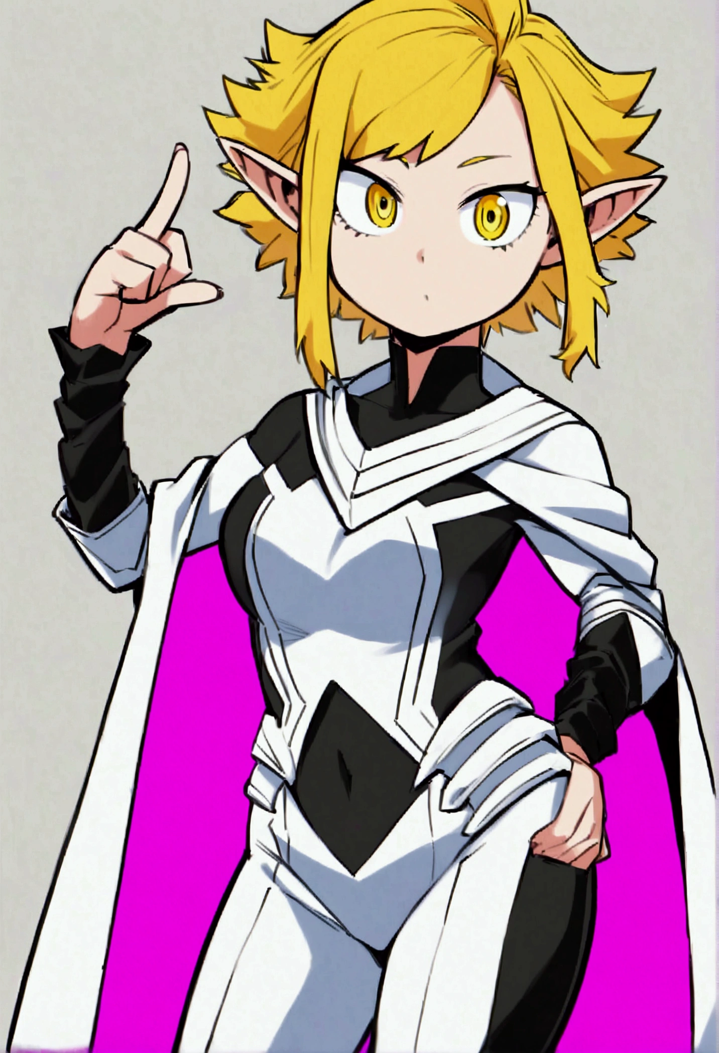 [Boku no Hero Academia] Girl with wavy, short hair, with a wolf cut and yellow hair with fuchsia highlights, beautiful yellow eyes, pointed ears, posing in a hero costume similar to the style of Eijiro Kirishima's character, drawn and painted in the style of mangaka Kohei Horikoshi.