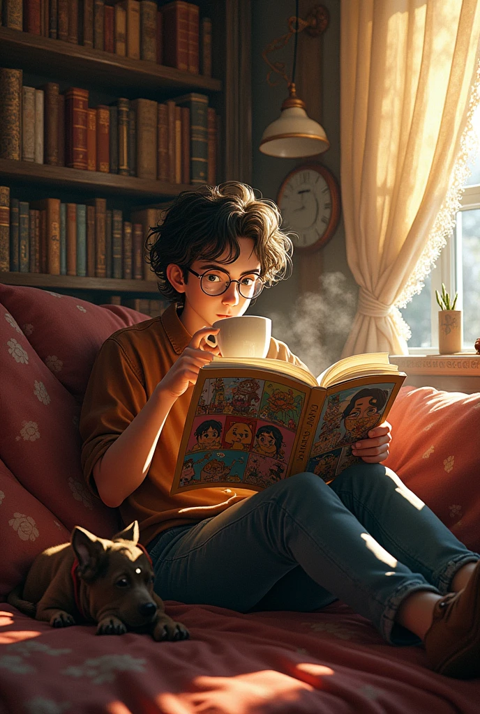 19-21 year old English wizard drinking coffee and reading a manga with his hellhound playing with a toy and an 18-19 year old African woman sleeping on his lap