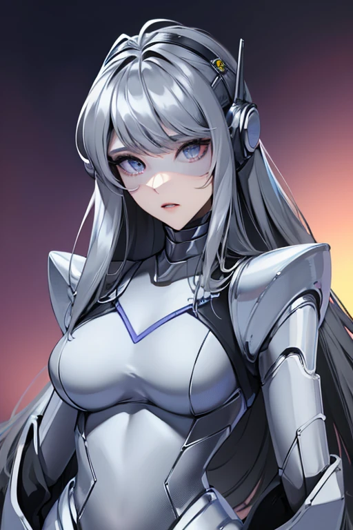 empty eyes,robotized woman ,big bust,Robot Joint ,Metal skin,Black Suit,long hair,a suit that covers the whole body,mechanization,robot, antenna