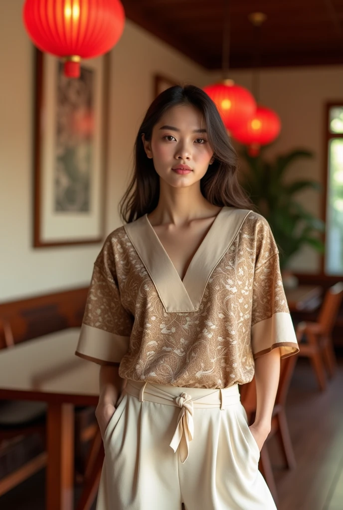 Female model. Modern style. Wearing a short-sleeved brown t-shirt with a stylized v-neck and Thai-Vietnamese ethnic brocade pattern. Cream, white, light brown. Beige collar with 2cm hem. Plain brown sleeves with 2cm beige hem. Plain cream A-line pants, side pockets. Set in a luxurious wooden interior room. Cream walls. Table, chairs, red lanterns