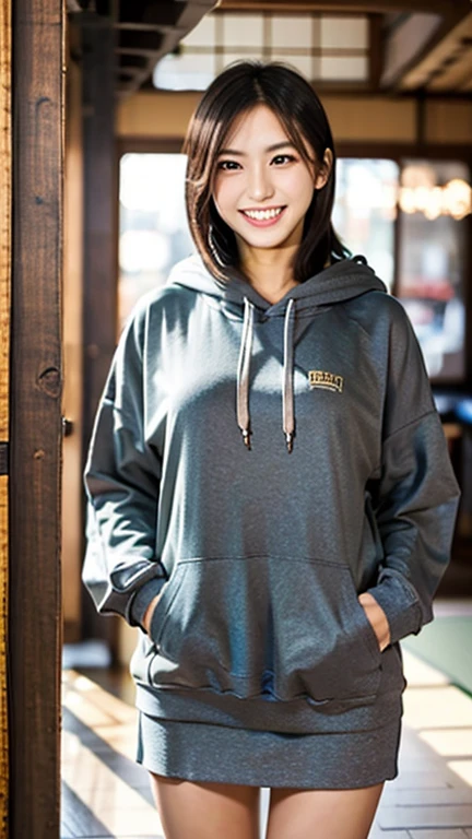 A Japanese milf, photo of one girl, Slender figure, Realistic teeth, wearing oversized hoodie, smile, full-body, masterpiece, best quality, detailed, beauty, Pub, indoor,