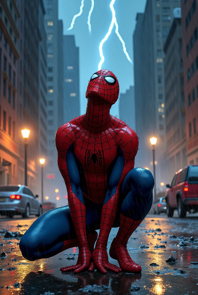 Draw Spiderman kneeling, the weather is raining he was without a mask, and the city is a mess he's on his knees with his head up
Do it in a comic book style 