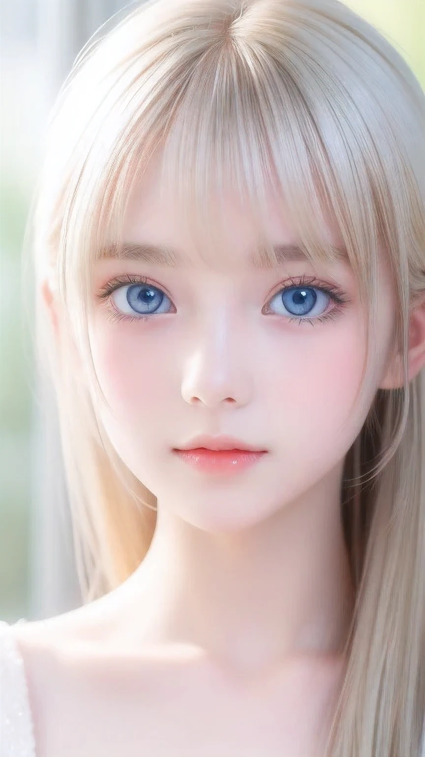 Portrait、、bright look、ponytail、bangs between eyes、bangs on the face、Young, shiny, white, glossy skin、gross face、cheek gloss highlight、best beauty、blonde reflection、Platinum blonde hair with dazzling highlights、shiny bright hair,、super long silky straight hair、Shining beautiful bangs、Attractive, beautifully shining, very bright, light blue eyes、very big eyes、Very beautiful nice cute beautiful girl、rich bust、small face beauty、