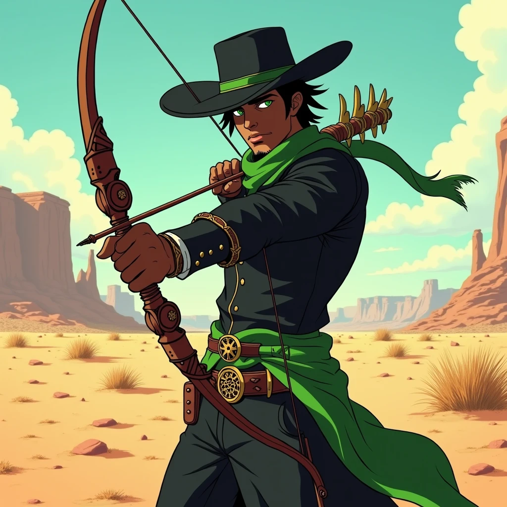 An anime character: a man with dark skin, black hair and green eyes, He is also sporting a short beard.
He wears a black cowboy outfit with green details, including a hat and a long, black scarf.
Ao fundo, a desert of the old Wild West.
He is holding a bow in an attack position..
